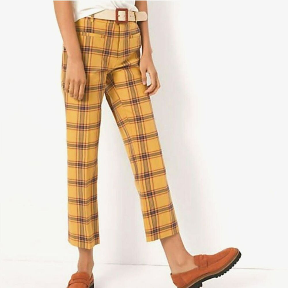 Anthropologie Plaid Pants Essential Slim Kick Trouser Mustard Ankle Crop Size 6